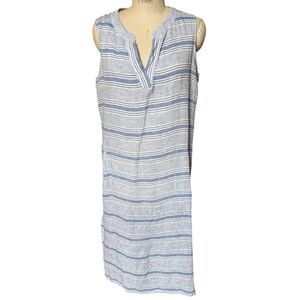 Helen Jon NWT All Linen Harbor Sleeves Blue and White Striped Dress Midi 43”